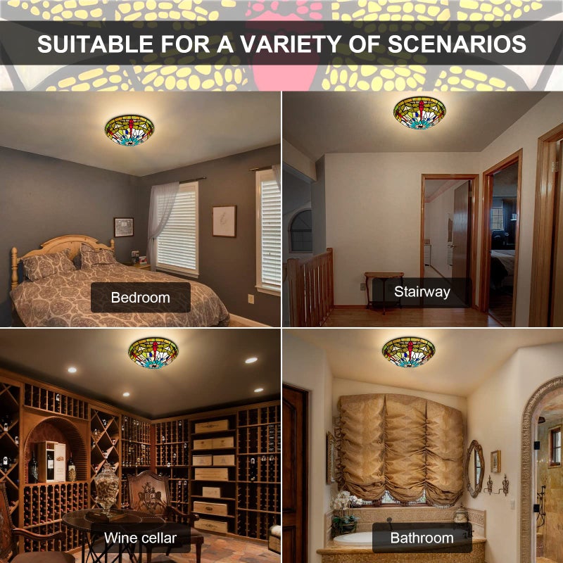 Artzone أضواء السقف تيفاني من ARTZONE، ضوء سقف زجاج ملون 3-مصابيح 16 بوصة ضوء سقف مدمج تيفاني لغرفة النوم، غرفة الطعام، غرفة المعيشة، المدخل، الردهة - Image 5